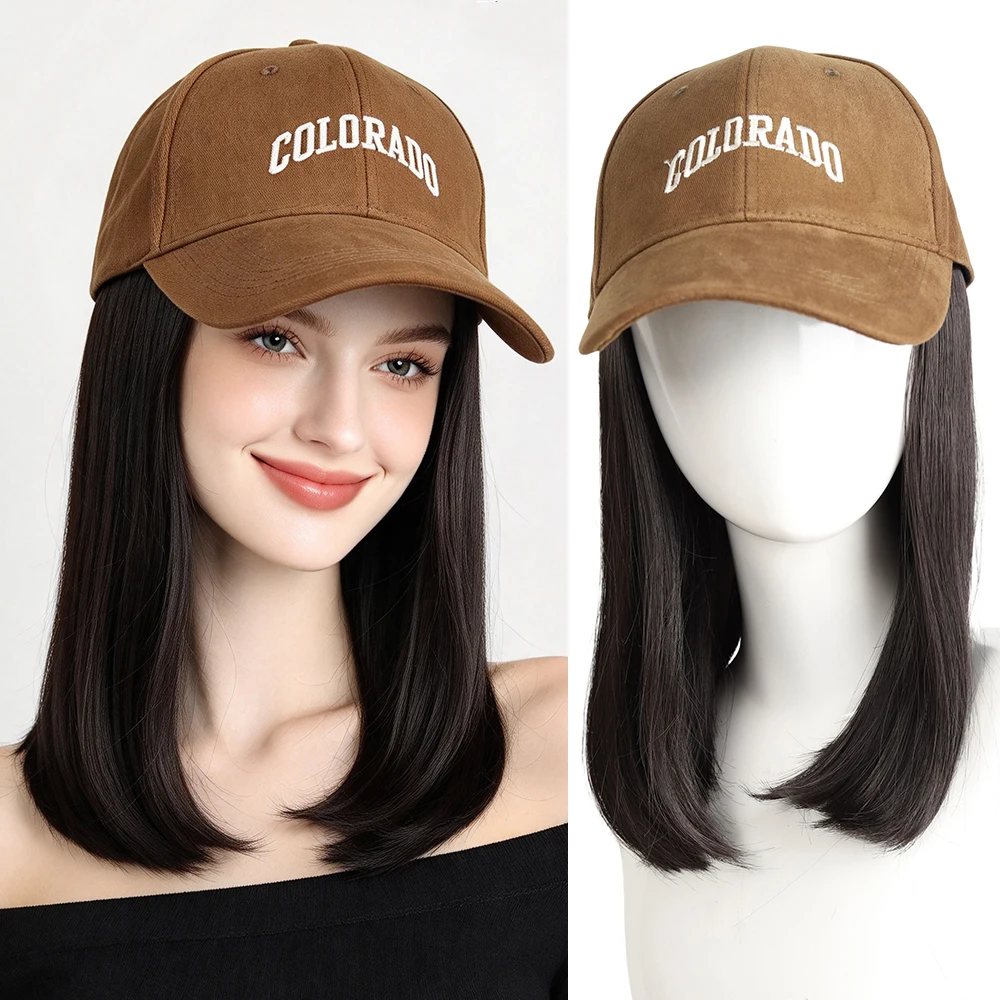 Synthetic 12-inch Winter Baseball Cap Cold-resistant Wig Hat Medium-long Straight Hair with Brown Cap Adjustable for Women