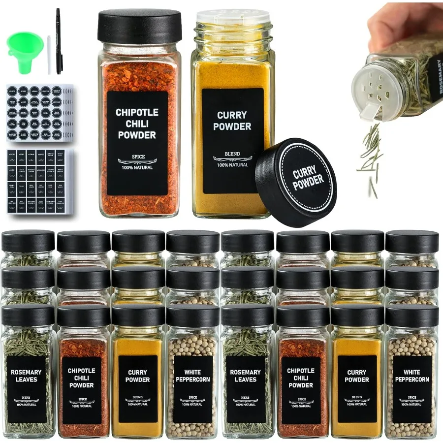 

36Pcs Spice Jars Containers with Labels4oz Black Seasoning Bottles with Shaker Lids for Rack Cabinet Drawer Empty Square Condim