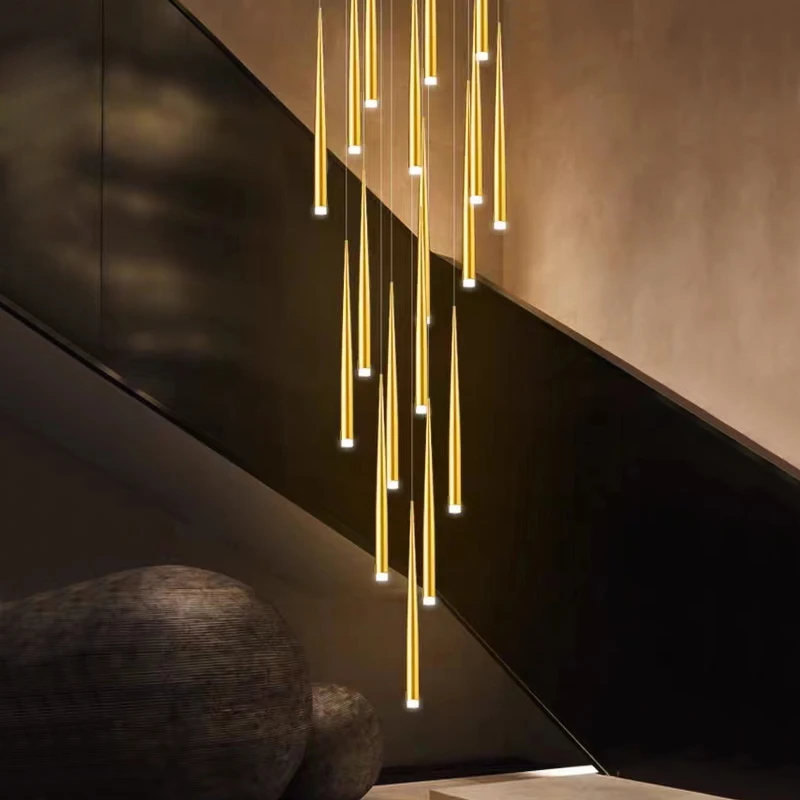 Golden Tapered Chandelier LED Modern Living Room Lamp Indoor Lighting Kitchen Lamp Hall High Building Staircase Chandelier