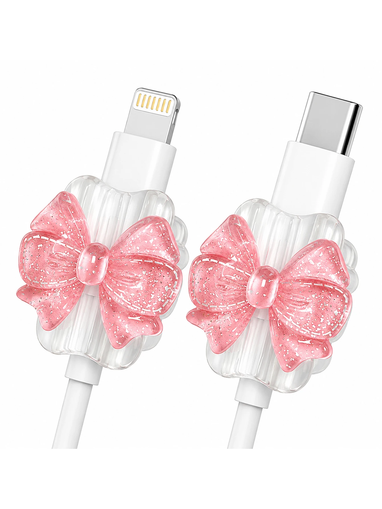 2 Pink Bowknot Universal Lightning (5-17) Type-C Data Cable Protectors - Shockproof, Stylish Mobile Phone Accessory Design - Made of Plastic, with Cute Bowknot Decoration, Charging Cable Protector