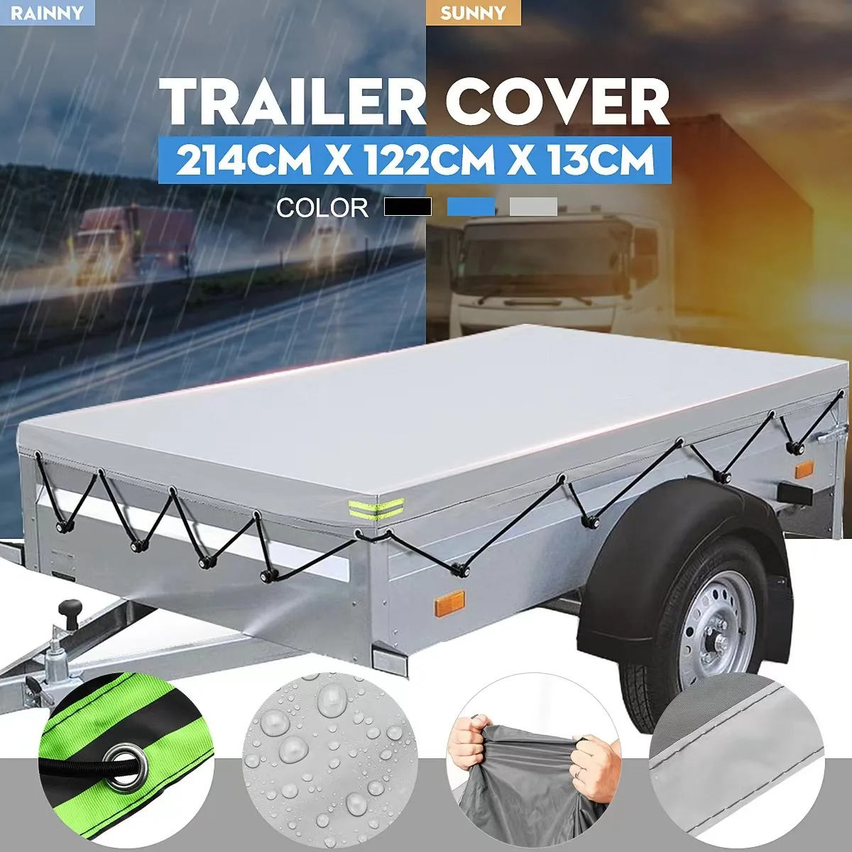 

Trailer Cover 420D Oxford Fabric Waterproof Sunproof Protective Tarp with Reflective Strips Universal Fit