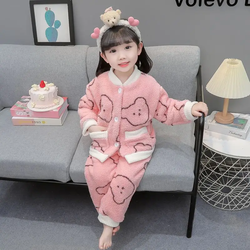 Langarm-Nachtwäsche-Set für Mädchen, Herbst/Winter 2022, neues Korallensamt, Damen-Baby-Kleidungsset aus dickem Flanell für Kinder zu Hause