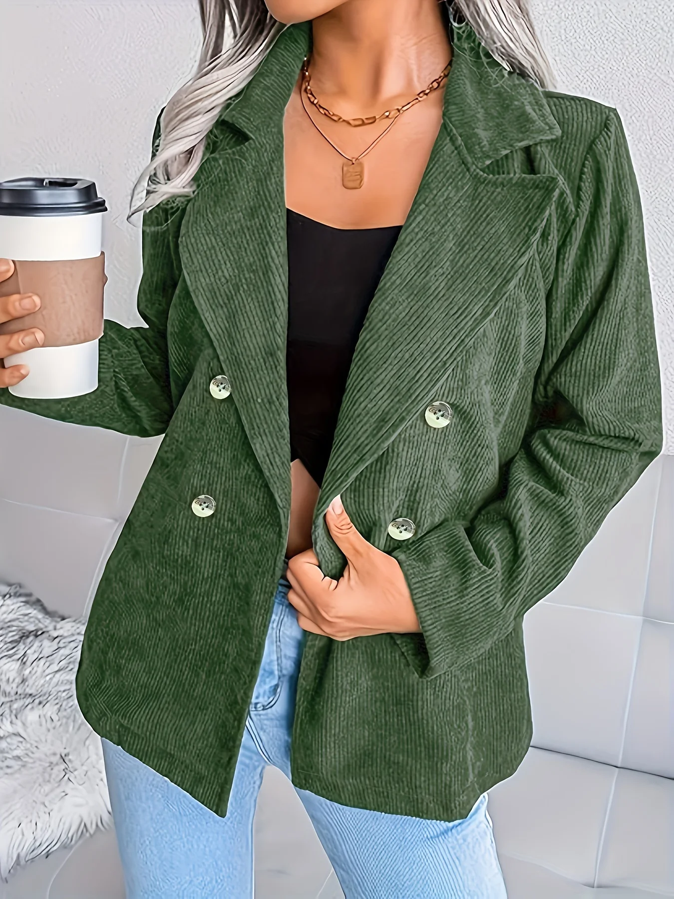 Plus Size Solid Color Button Front Coat, Versatile Long Sleeve Collared Coat For Spring & Fall, Women's Plus Size Clothing