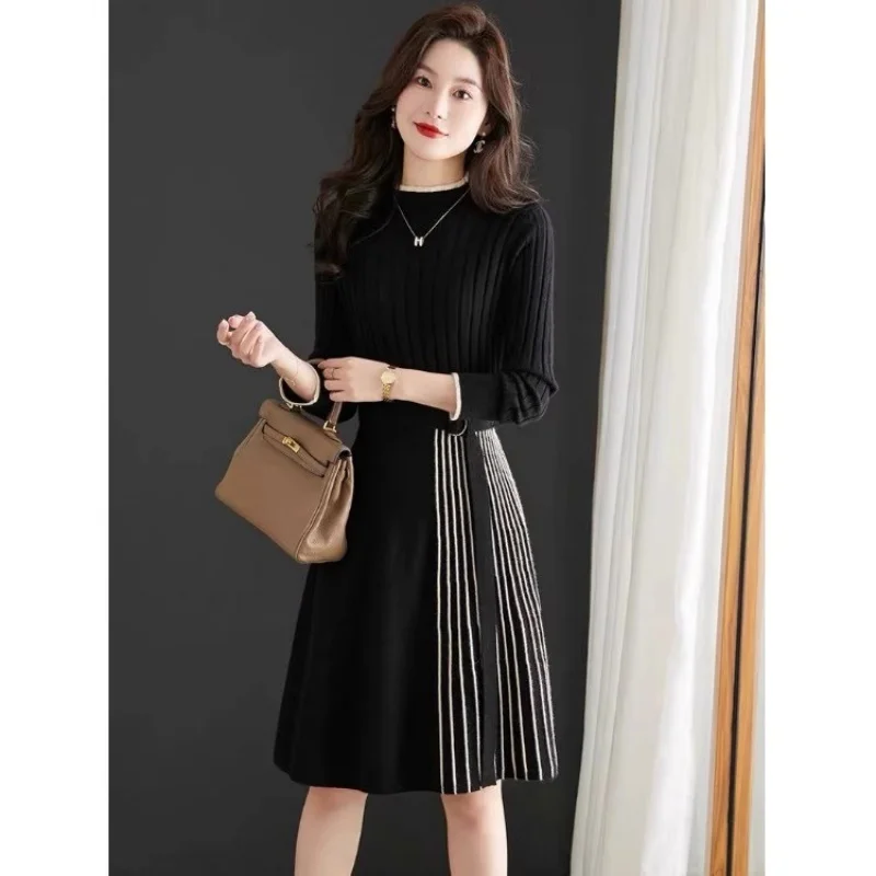 الخريف والشتاء فضفاض مطوي فستان من الصوف المحبوك التخسيس قاعدة فستان من الصوف أنيقة البلوز قميص w676 #4