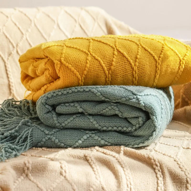 Oversized Green Blankets Ins Nordic Tassel Knitted Blanket Office Napping Air Conditioning Blanket Cover Shawl Bed End Towels