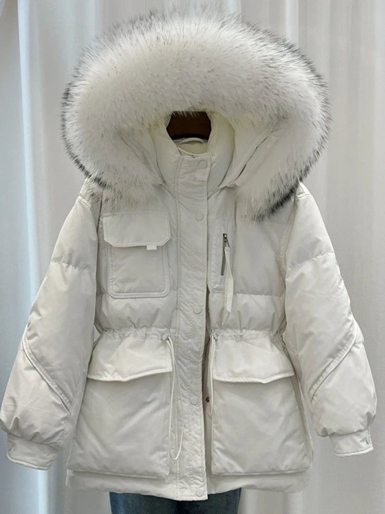 2024 Cotton Padded Big Fur Collar Parka New Pocket White Duck Down Winter Jacket Women Thick Warm Parkas Female Outerwear