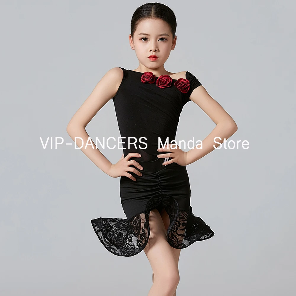 Black Latin Dance Competiton Dress Girls Samba Cha Cha Dance Stage Performace Wear Practice Clothes Dancer Wear Top Skirt VDL502