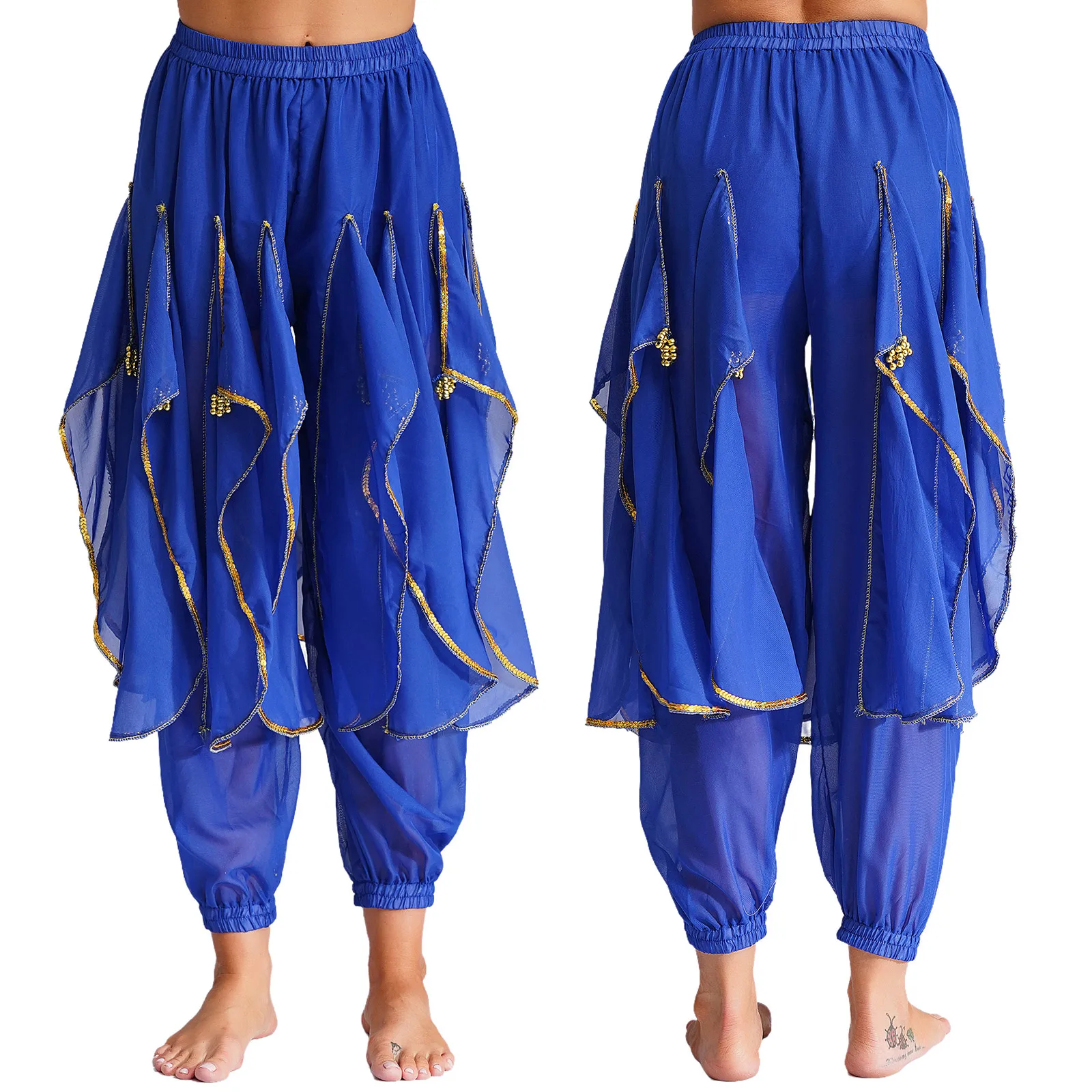 

Womens Belly Dance Costume Sequin Trim Ruffled Dance Harem Pants Tribal Arabic Halloween Fancy Dress Up Trousers Bellydance Wear