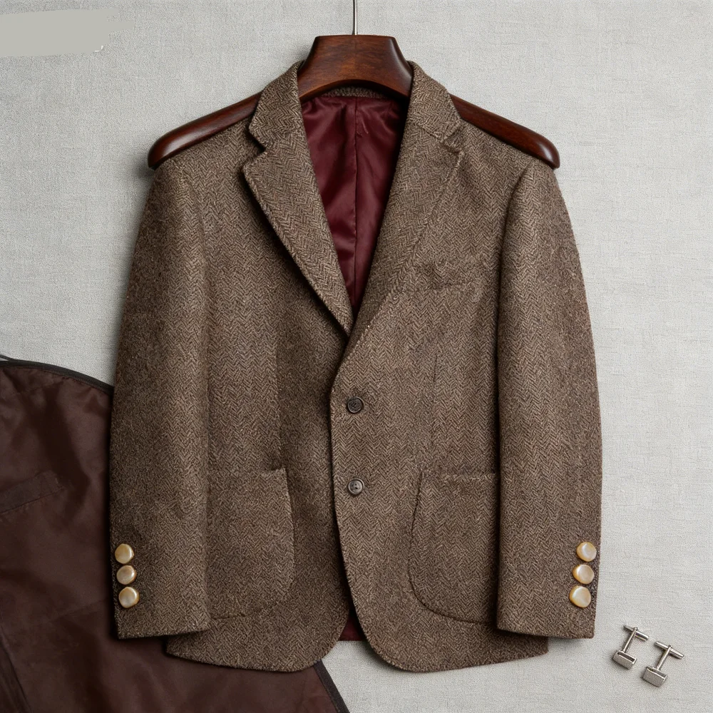 

Зимний твидовый шерстяной серый блейзер, уникальный однобортный деловой костюм, куртка с лацканами «рыбий хребет», пальто, мужская модная верхняя одежда