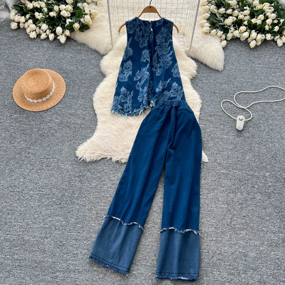 Set di abbigliamento jeans estivi da donna Top in denim allentato senza maniche con scollo a O + tailleur pantalone patchwork a gamba larga