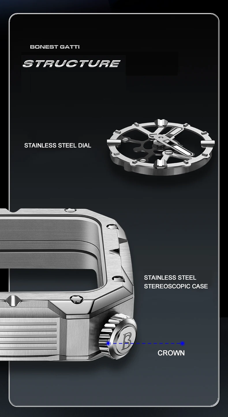 Bonest gatti masculino relógio automático de luxo quadrado relógio de pulso mecânico à prova dwaterproof água safira luminosa pulseira de borracha fluorada