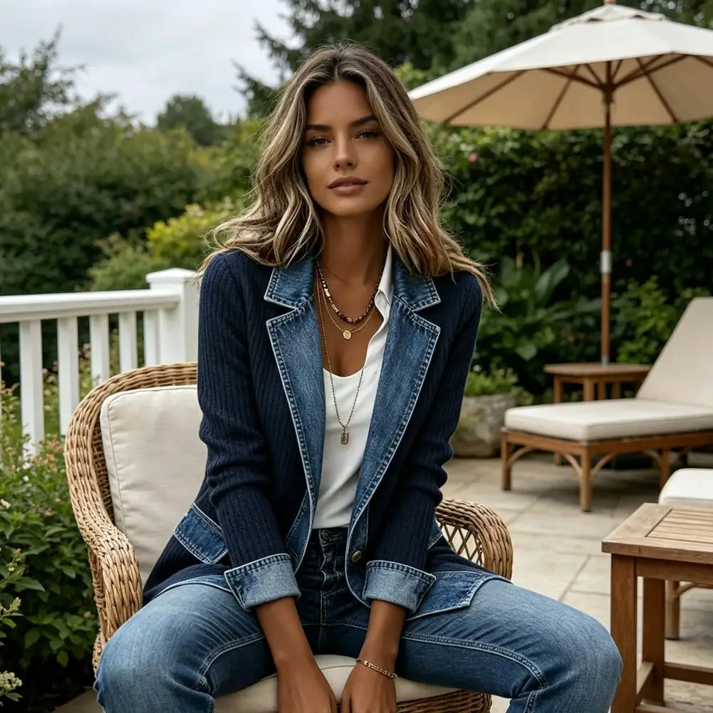 Long Sleeve Denim Blazer Women Patchwork Jacket Women Denim Patchwork Jacket Collared Button Blazer Coat Long Sleeve for Fall