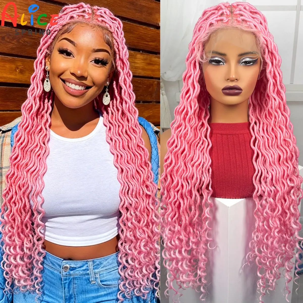 Pink Color Full Lace Braided Wigs Synthetic Knotless Box Goddess Faux Locs Passion Twist Braids Wigs for Black Women