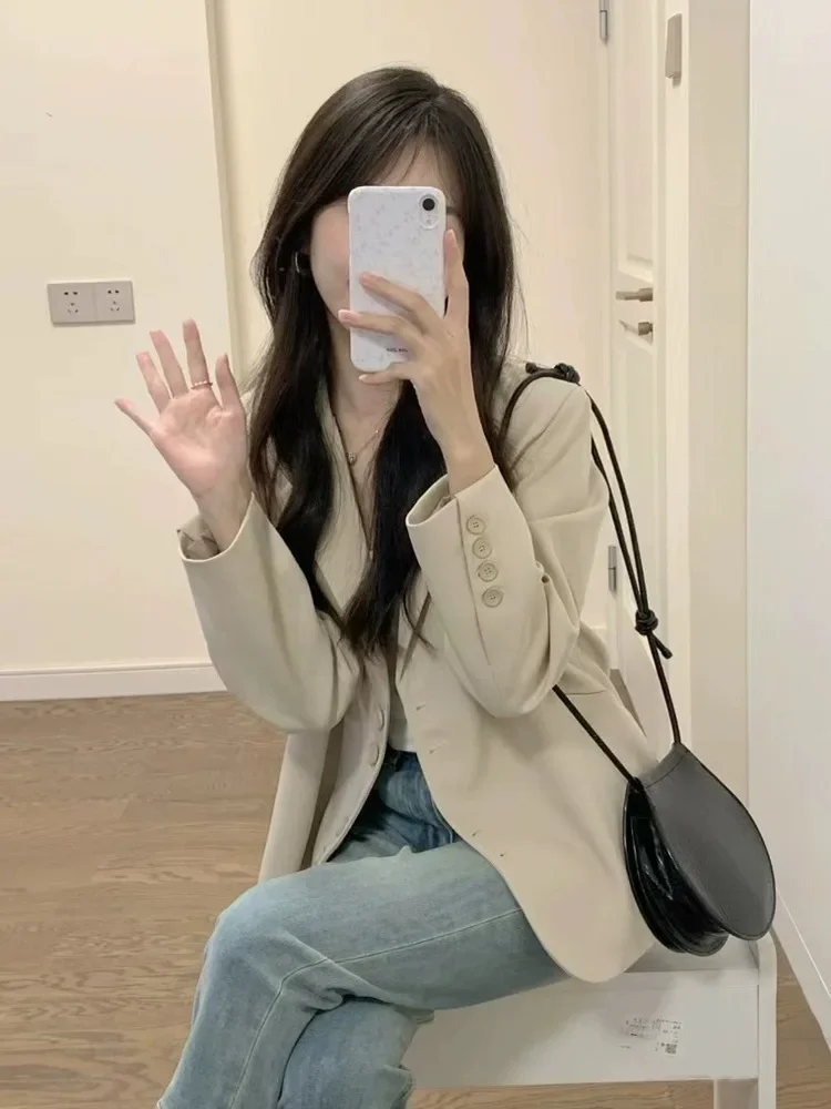 Women Light Khaki Blazer Spring Autumn Short Petite Elegant Versatile Casual Suit Jacket Fashion Top