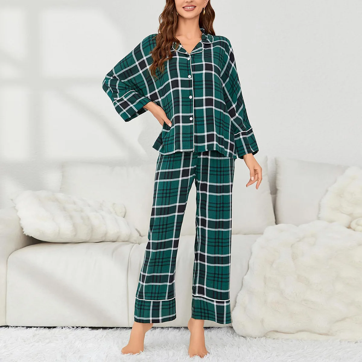 Women's Autumn/Winter Basic Long-Sleeved Pants Plaid Fashion Loose-Fitting Pajama Set  Костюм Женский