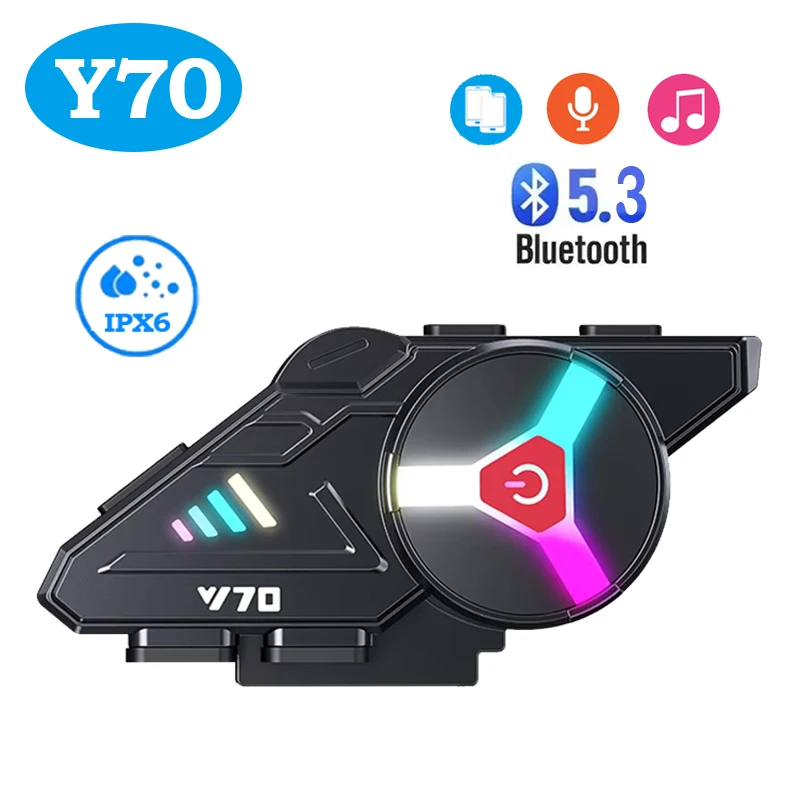 

Мотоциклетная Bluetooth-гарнитура для шлема Y70 с поддержкой одновременного подключения 2 телефонов, RGB-подсветкой, водонепроницаемостью IPX6, беспроводная связь 5.3, MP3