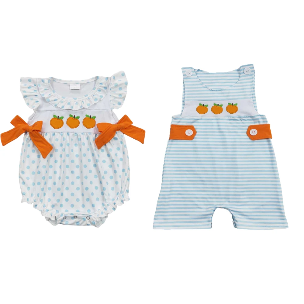 Wholesale baby boys and girls newborn toddler clothes Embroidered orange bow blue polka dot orange and white vest jumpsuit