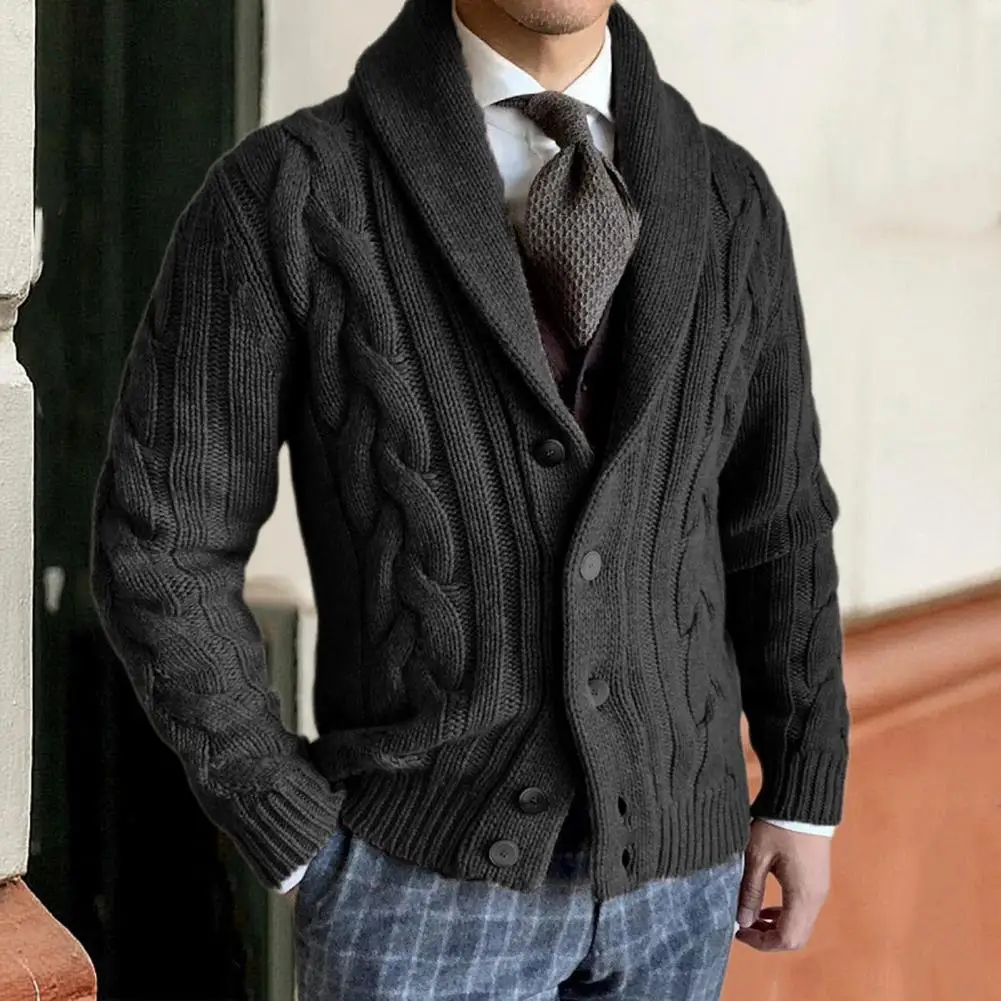 

Men Sweater Cardigan Lapel Long Sleeve Twist Texture Button Closure Solid Color Knitting Coat Loose Fit Casual Male Outerwear
