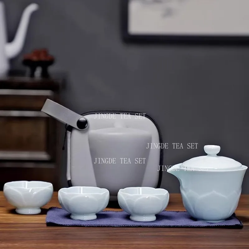 Ceramic Tea Set Travel Set 1 Pot, 3 Cups Lotus Express Cup Portable Kung Fu Tea Set Anti Scalding Hand Grip Pot Teaware Sets