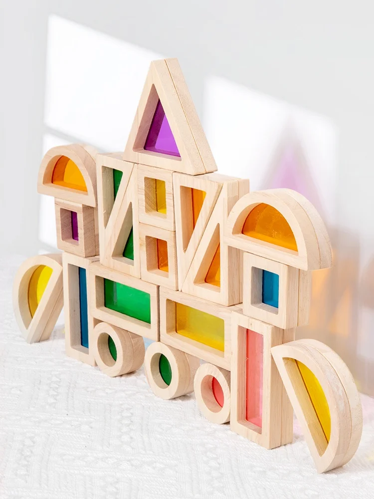 مكعبات بناء خشبية شفافة من الأكريليك بألوان قوس قزح كبيرة الحجم للتعليم المبكر وألعاب مونتيسوري التعليمية #3