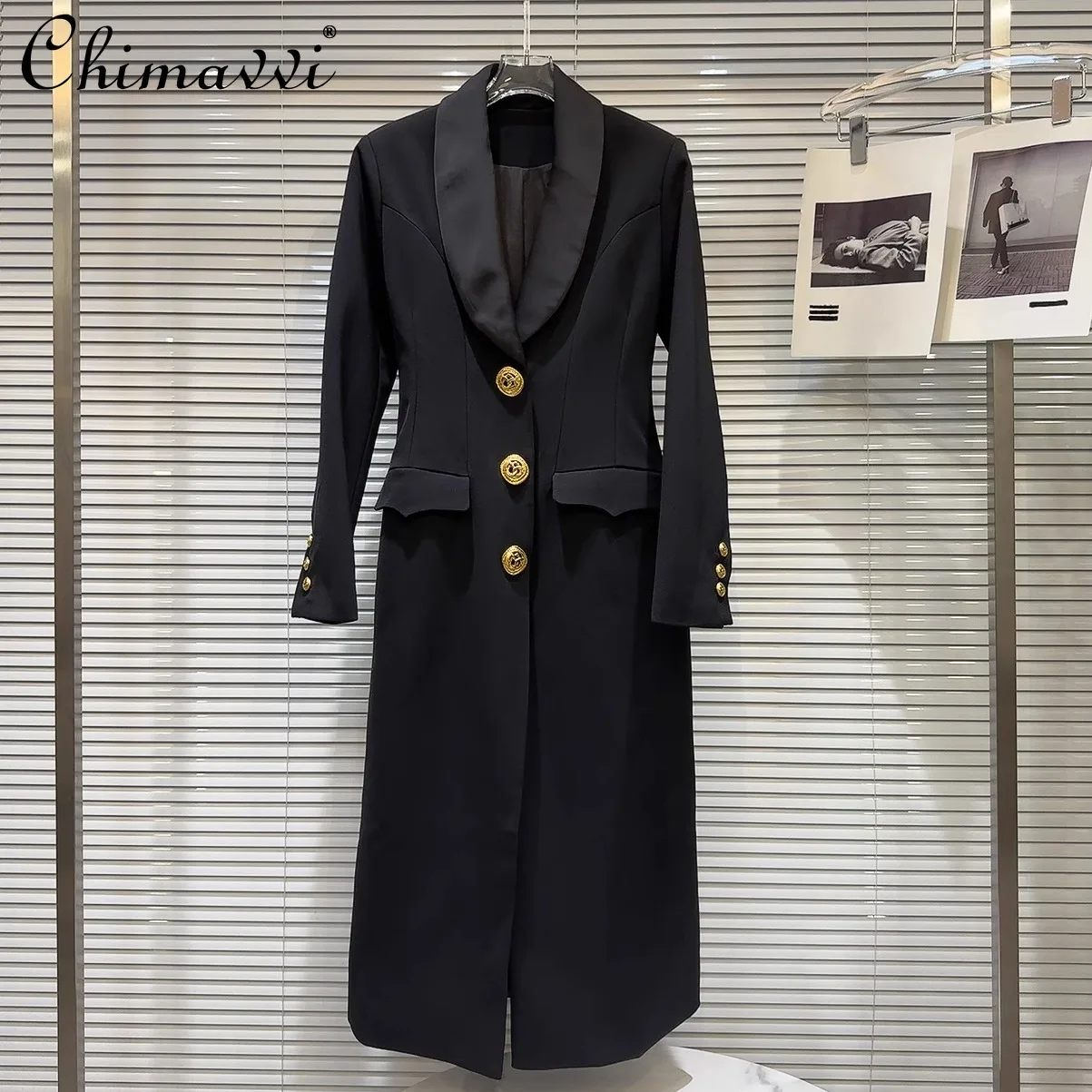 2024 Autumn Clothe New High-end Fashion Temperament Big Metal Buckle Long Coat Commuter Slim Suit Collar Trench Coats Women