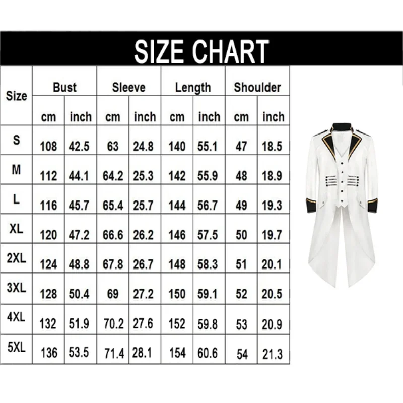 New Men\'s Retro Tailcoat White Long Jacket Gothic Steampunk Victorian Cosplay Costume Frock Coat Single Breasted Swallow Uniform