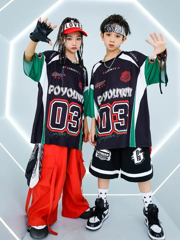 ชาย Hip Hop ชุด Contrast เสื้อยืด Street Dance กางเกงขาสั้นหญิงสีแดงกางเกงเด็ก Streetwear เด็กแจ๊สเสื้อผ้าเครื่องแต่งกาย