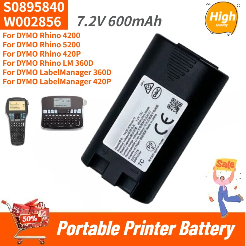 

S0895840 W002856 Portable Printer Battery 7.2V 600mAh for DYMO R5200 LM420P LM360D,LabelManager 360D,420P,Rhino 420P 4200 5200