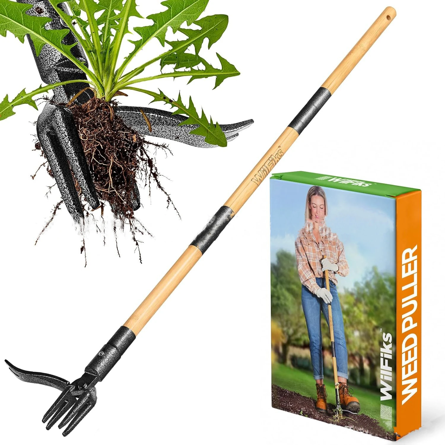 Standing manual weed remover to pull weeds without bending over