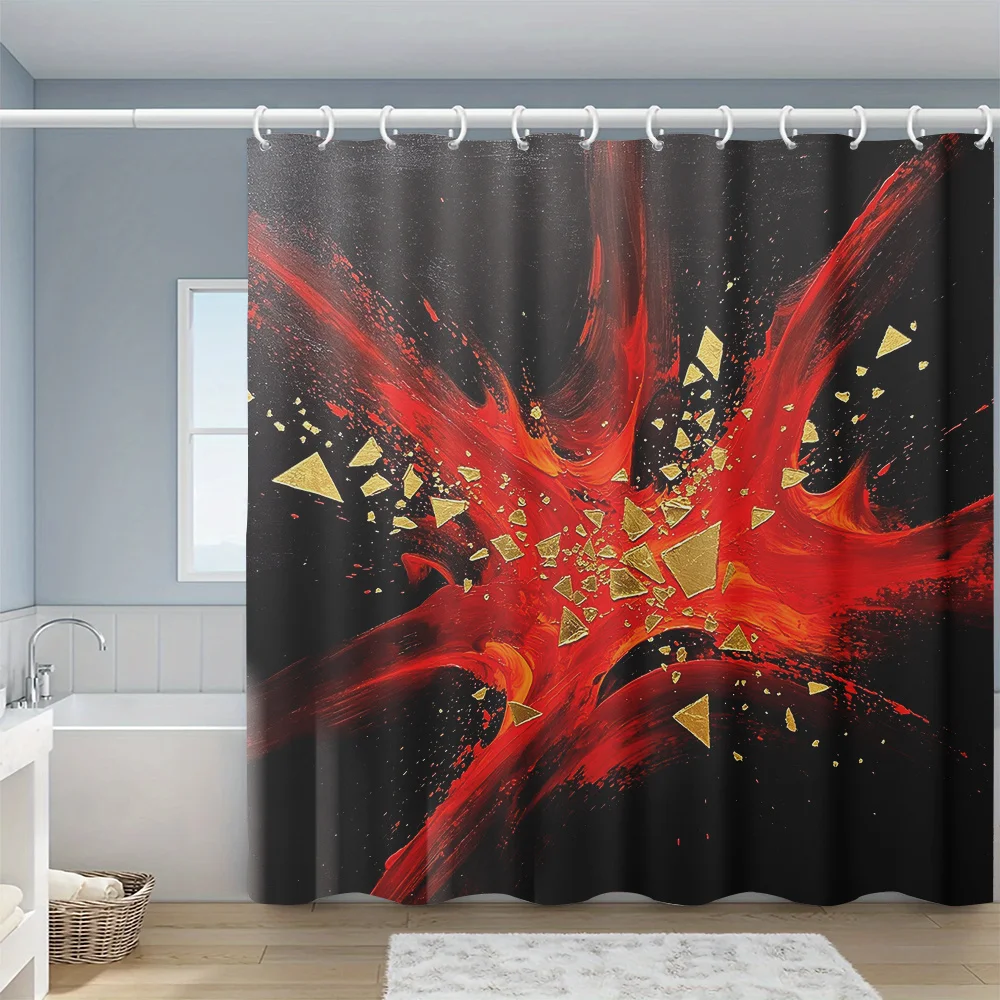 

Abstract Red Black Splatter Shower Curtain Waterproof Bathroom Decor Modern Luxury Wall Art Gold Accent Geometric Print Curtain
