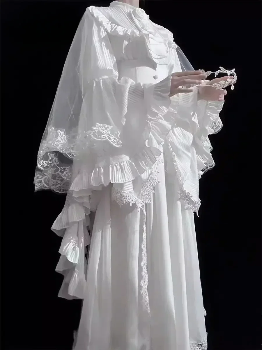 Women Dark Goth Slim Blouse Long Skirt 2-piece Set Lolita Shirts Pure White Black Ji Sleeves Shirt SK Fishbone High Waist Skirt