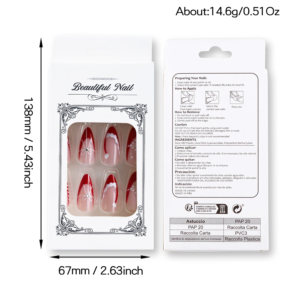 24Pcs Christmas Hat Red French Almond False Nails Snowflake Bow Acrylic Fake Nail Tips New Year Women Wearable Press On Nails&*#