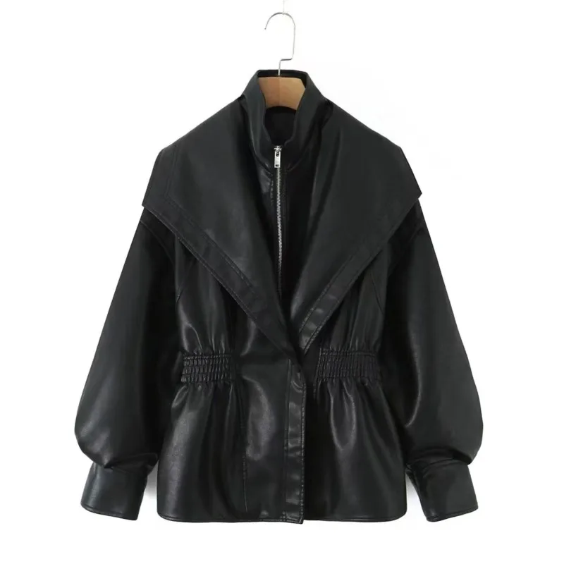 Women's Stand Collar Elastic Waist Faux Leather Jacket Spring Autumn Casual Fashion Zipper Long Sleeve Solid Vintage Loose Coat