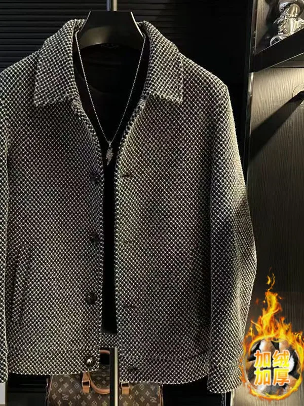 

Men's Winter Faion Woolen Jaet ort Cotton Lined Plaid High End Feel Korean Sle Trendy Button Decorated Stand Fit Coat