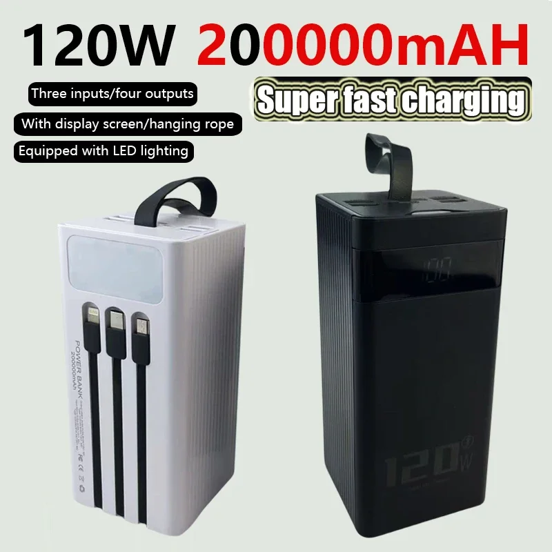 

Dual directional fast mobile power bank suitable for iPhone and Huawei 120W 200000 mAh charger, with built-in cable and large ca