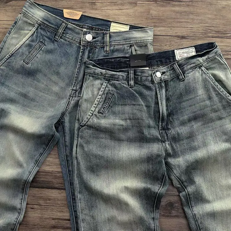 

Мужские джинсы премиум-класса из светлого хлопка, прямого кроя, повседневные брюки в винтажном стиле, с эффектом потертости, прочные, в городском стиле, зимняя мода