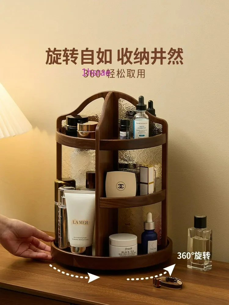 Pure solid wood rotating makeup storage box retro begonia dresser desktop lipstick perfume rack