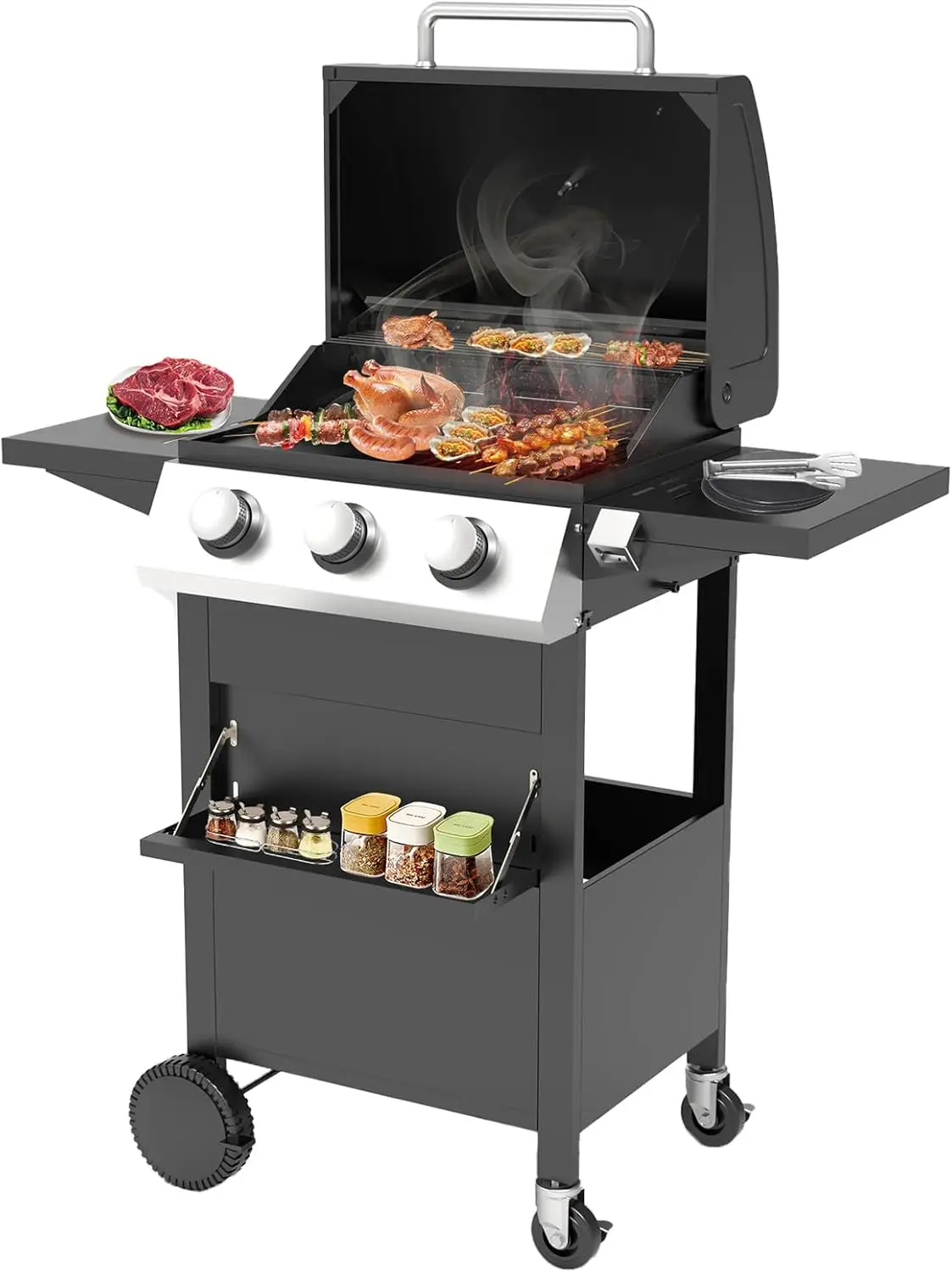 

3 Burners Portable BBQ Gas Grill, 30000 BTU Small Camping Barbecue Propane Grills Outdoor Cooking, Built-in Thermometer Stainles