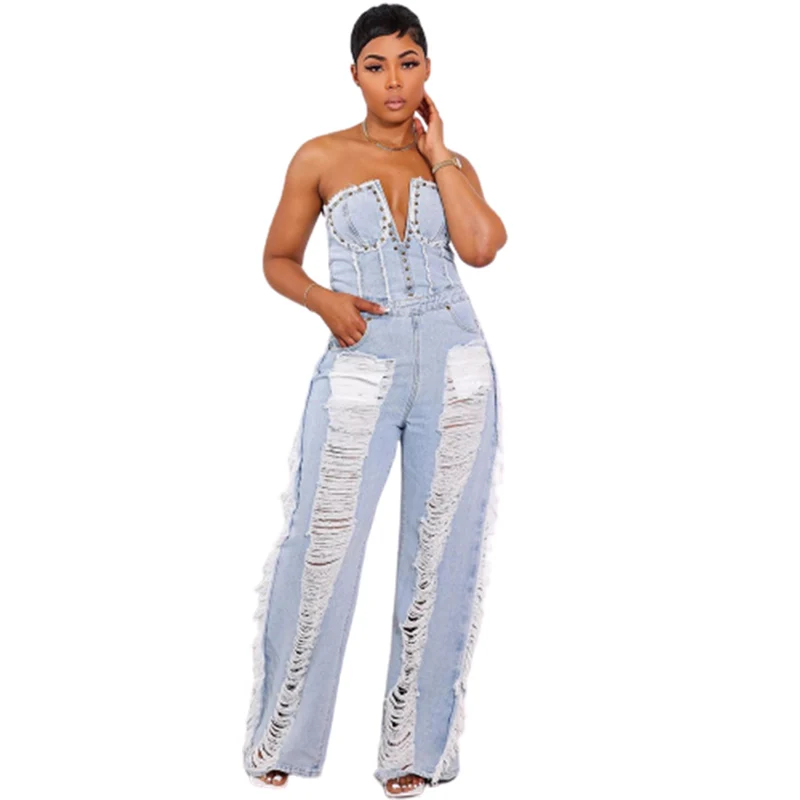 

Fashion Broken Holes Tassel Denim Jumpsuit Female Summer Wrap Bust Backless Sleeveless Rompers Women's Mid Waist Straight Jeans