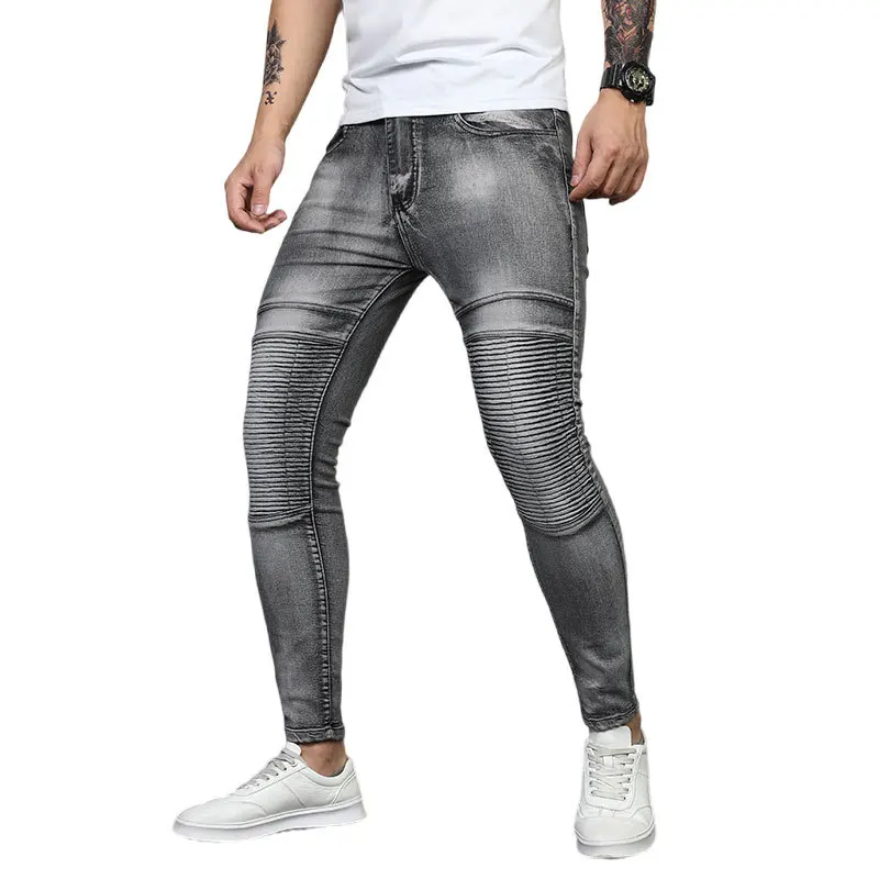 High Quality New Arrival Men's Skinny Cowboy Pants Kpop Korean Style Pleated Design Stretch Grey Motorcycle Riding Jeans for Men