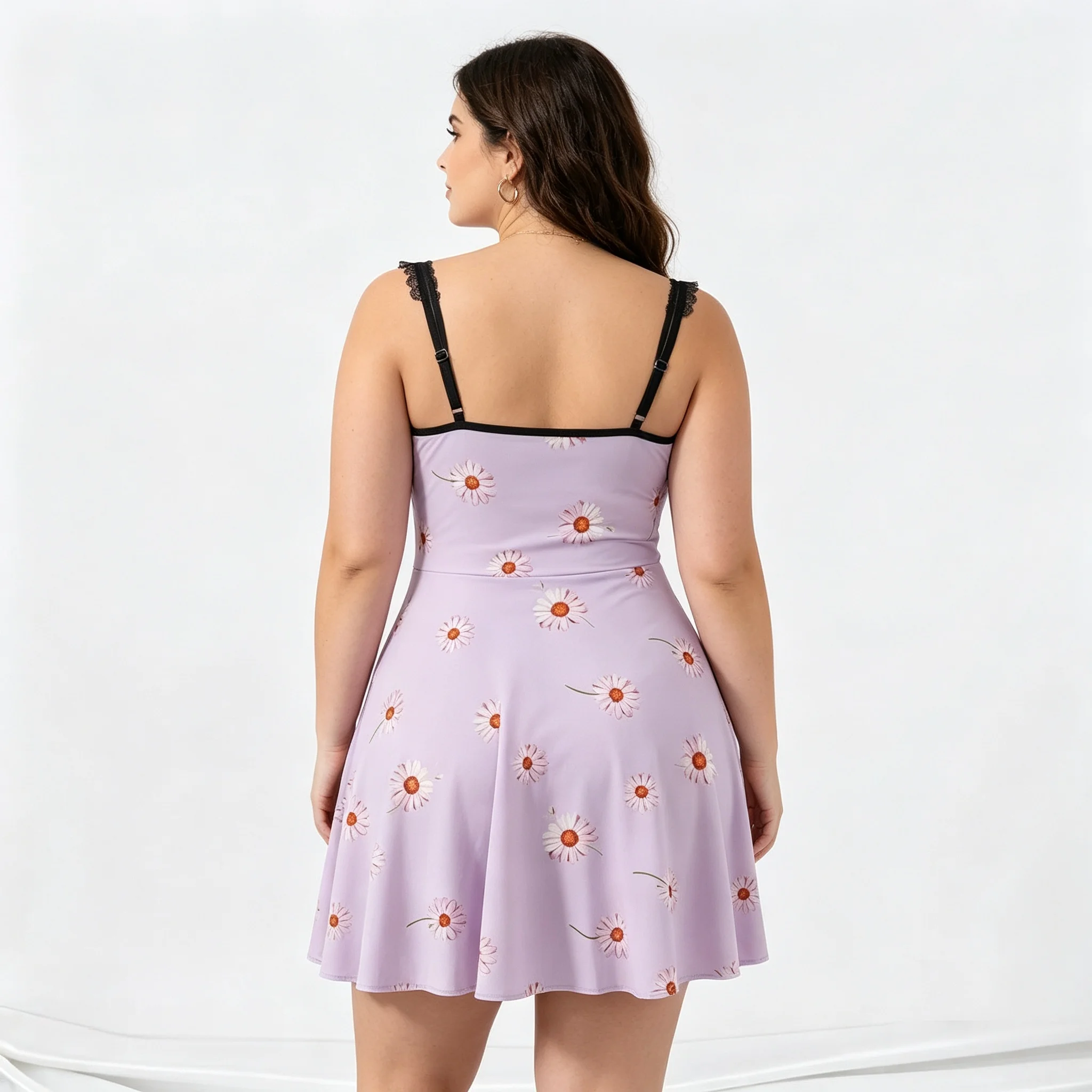 European and American large size elastic sleep dress, purple daisy print, lace trim, can be worn outside, suitable for home, dat