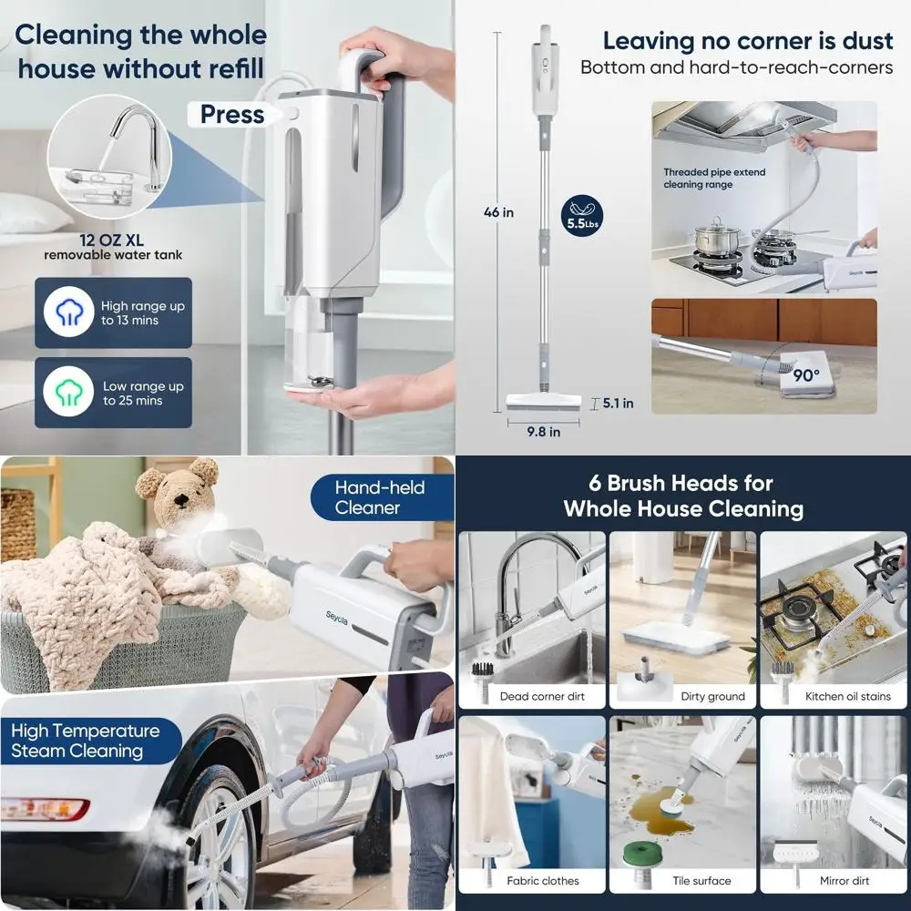 

Multi-Function Steam Cleaner: 6-in-1 for Floors, Hardwood, Clothes, Windows, Tiles, Grout, Furniture, and Carpets