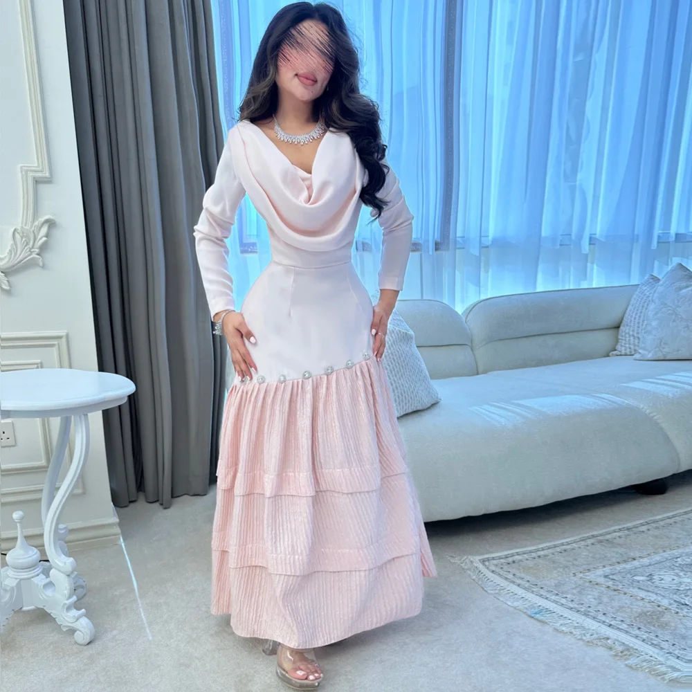 Customized Draped A-line Semi Formal Evening Dresses O Neck Long Sleeve Midi Dress Contrast Color Patchwork Maxi Dress