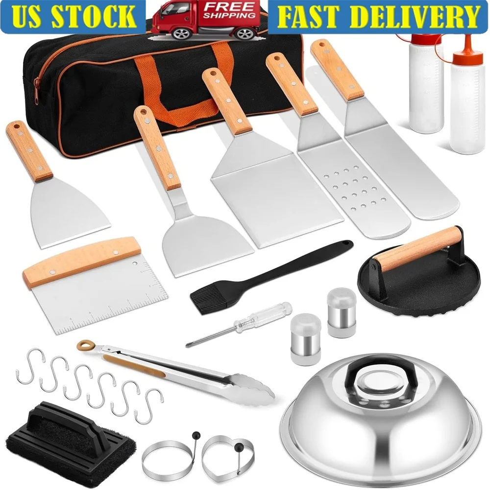 

25pcs Griddle Accessories Set Professional BBQ Tools Stainless Steel Spatulas Scraper Basting Cover Ideal Outdoor Cooking