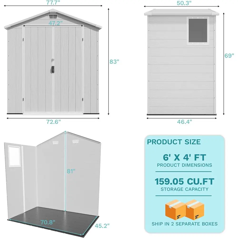 Light Gray 6x4 Outdoor Plastic Shed with Floor, Waterproof Storage for Garden Tools, Lockable Door & Window