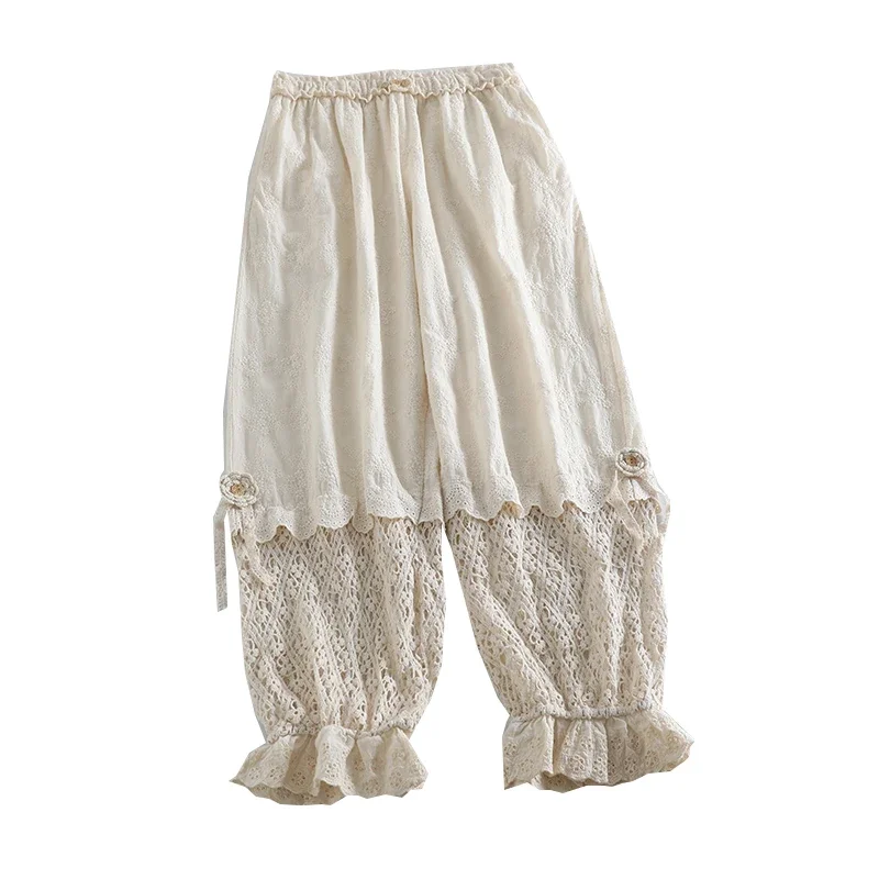 Pantalones ahuecados con bordado de flores de encaje dulce para mujer, pantalones de algodón sueltos, cintura elástica, volantes, Kawaii, chica japonesa Mori