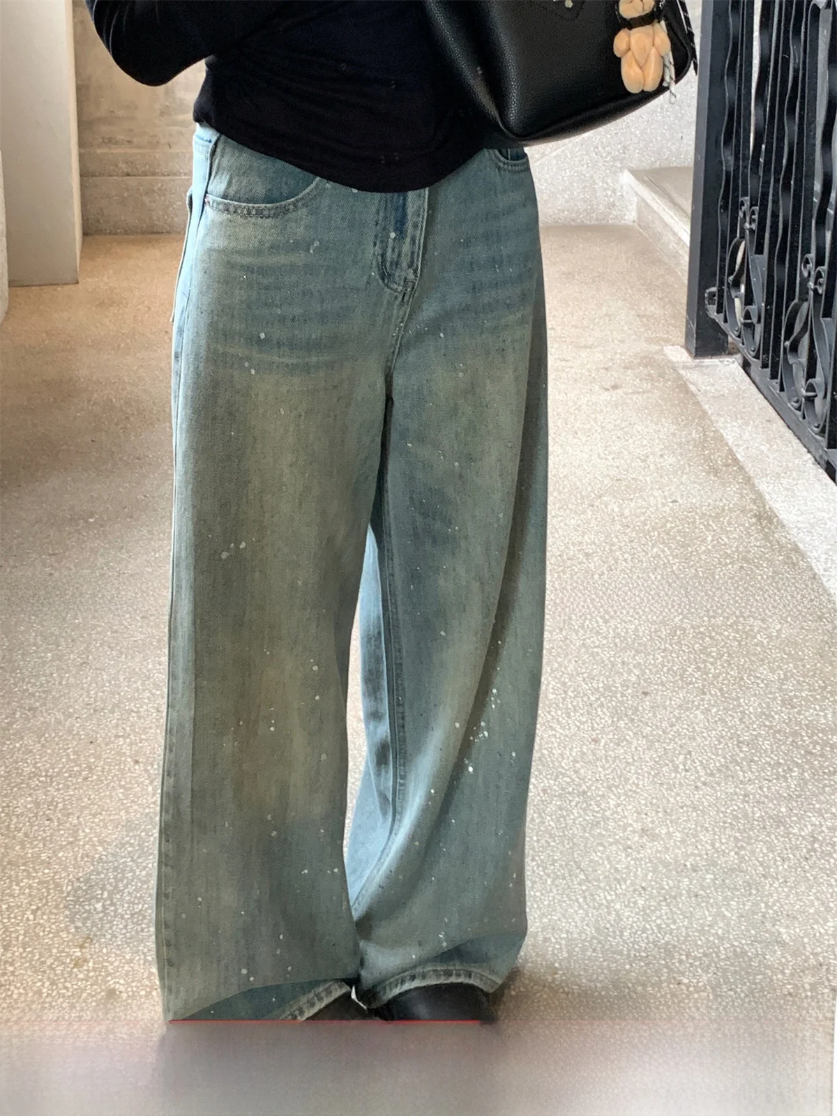 

Удобные свободные женские джинсы с потертостями и серебряными точками, повседневные длинные брюки из хлопка с высокой талией