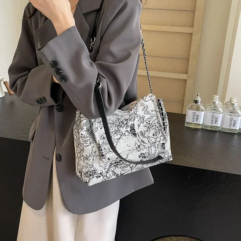 

New Chinese Style Denim Landscape Painting Large Capacity Shoulder Bag Leopard Print Personalized Versatile Bag for Women