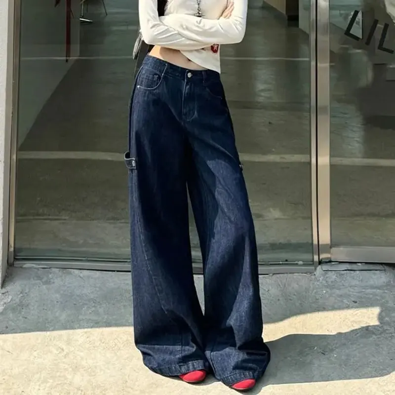 Female Clothing American Solid Color Trousers Vintage Straight Spring Autumn Loose Fashion Spliced Button Casual Wide Leg Jeans