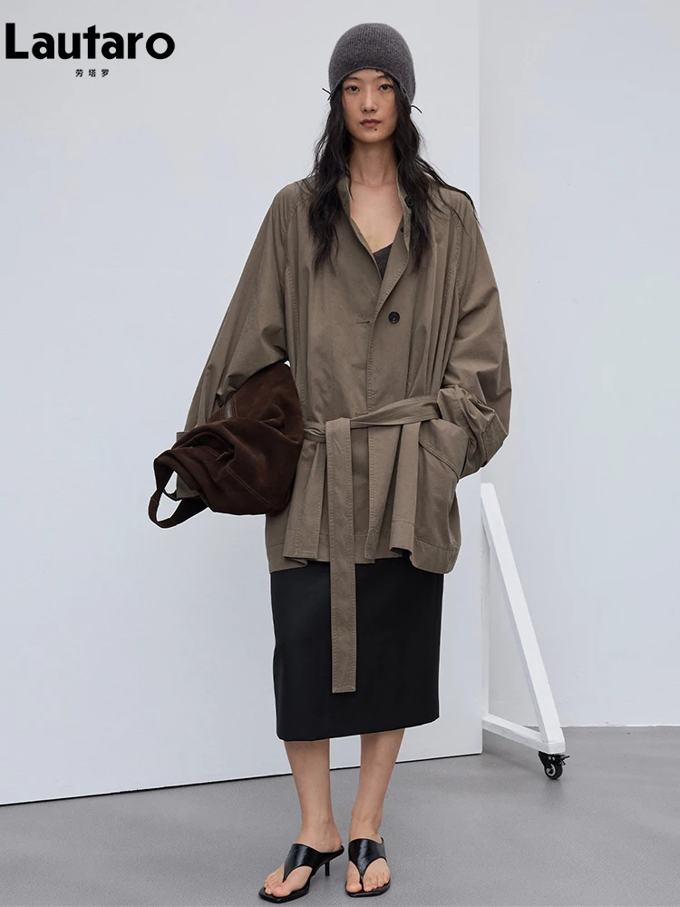 Lautaro Spring Autumn Long Oversized Flowy Trench Coat for Women with Sashes Chic Elegant Luxury Designer Clothes Overcoat 2026